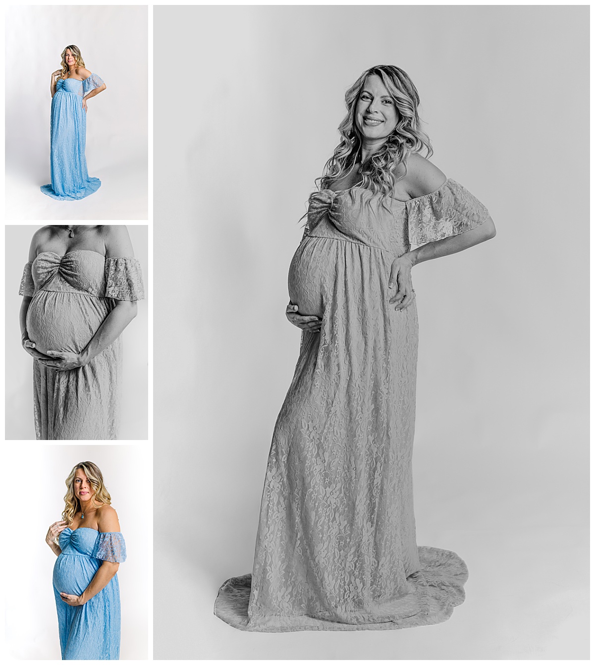 Beautiful mama to be posing for her last pregnancy maternity photoshoot. This is a collage of two black and white photos and one color photo. they were taken by a maternity photographer in Pittsburgh, pa