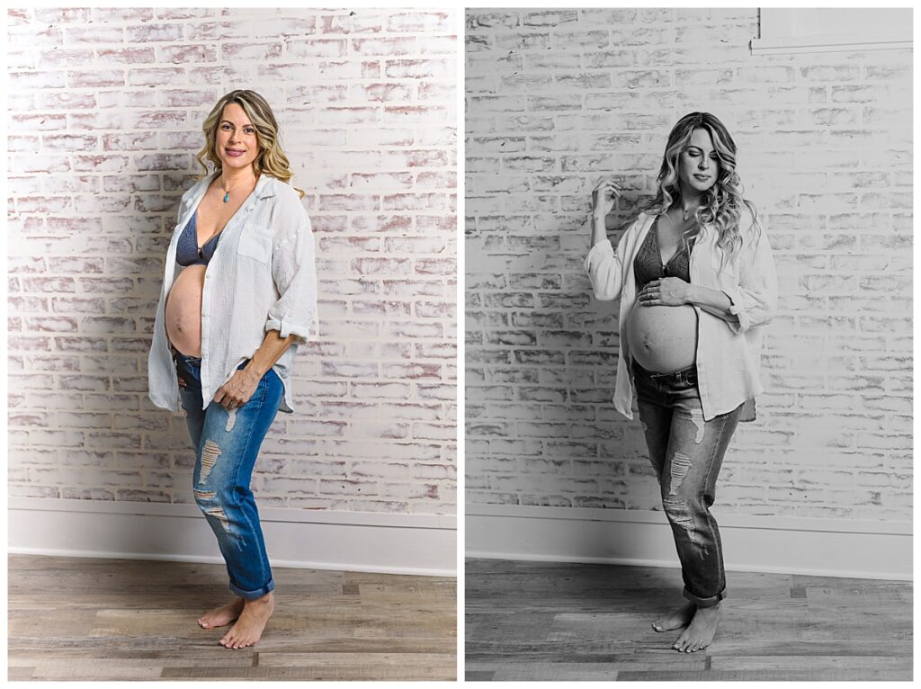 Beautiful mama to be posing for her last pregnancy maternity photoshoot. One color and one black and white picture showing of moms beautiful baby bump in a casual attire. All taken by a maternity photographer in Pittsburgh, pa