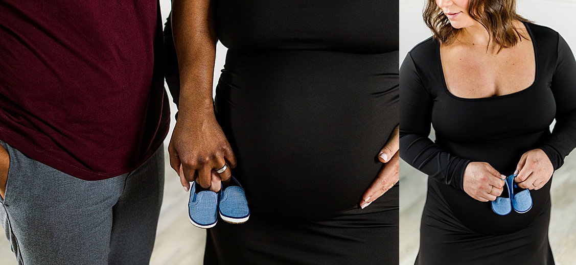 First picture is a close up of the couple holding their hands and holding baby boy shoes. The second picture is of the mom to be holding the baby boy shoes. Both pictures taken during an indoor studio maternity session in Pittsburgh, PA