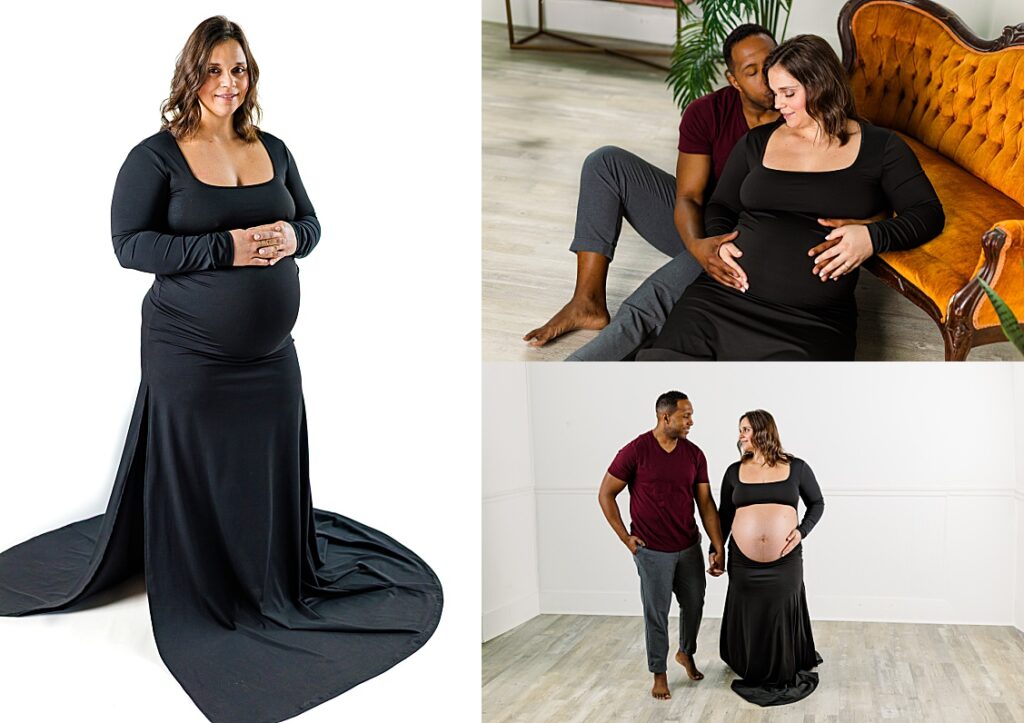 Picture of mom looking gorgeous in her black gown that shows off her baby belly. then mom and dad are looking at each other. The last picture is of mom and dad sitting together embracing this stage of pregnancy. All pictures are taken during an indoor studio maternity session in Pittsburgh, PA