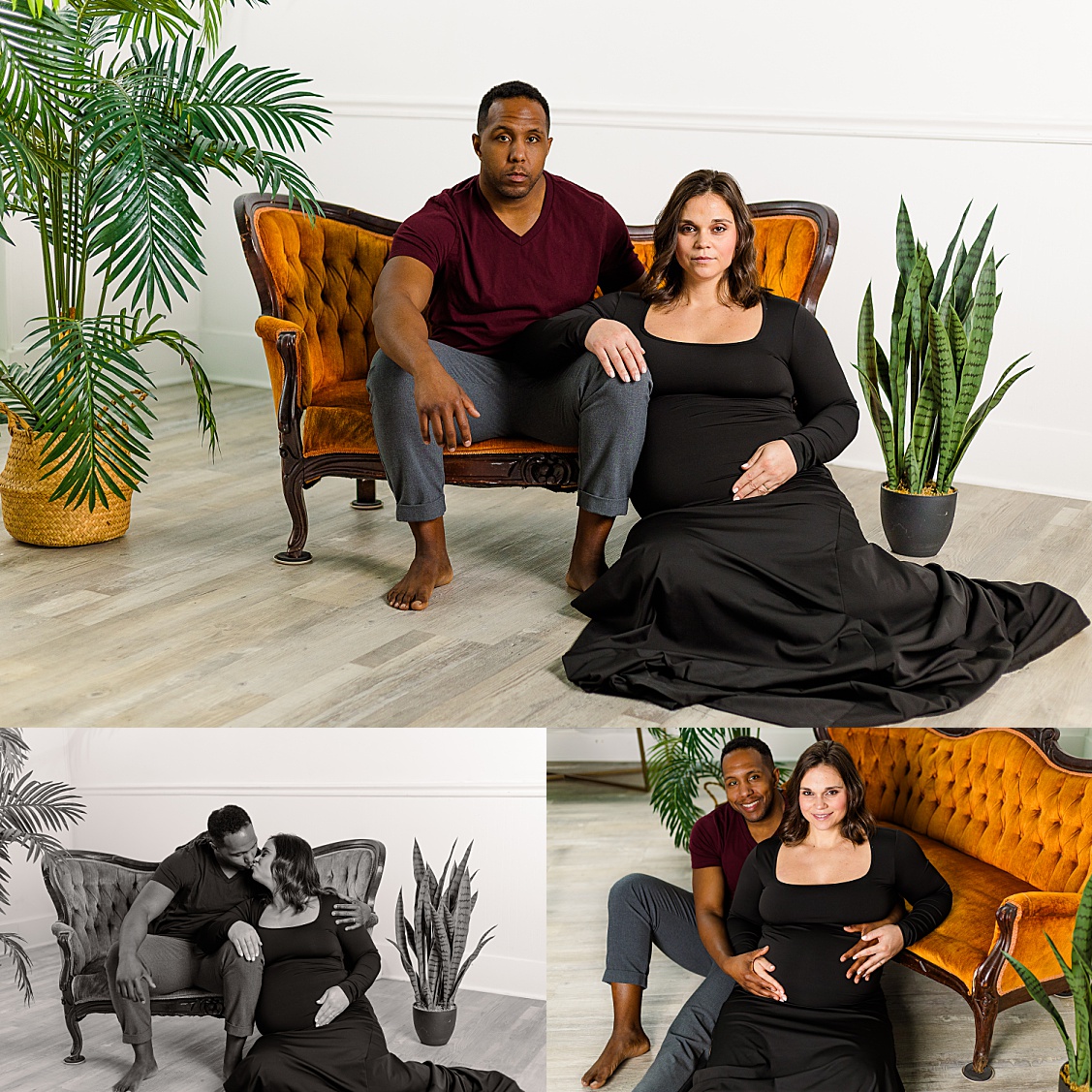 mom and dad hanging out on the couch. Top picture is of them looking very serious, second picture is of the kissing and last picture is of them looking and laughing together. All taken during an indoor studio maternity session in Pittsburgh, PA.