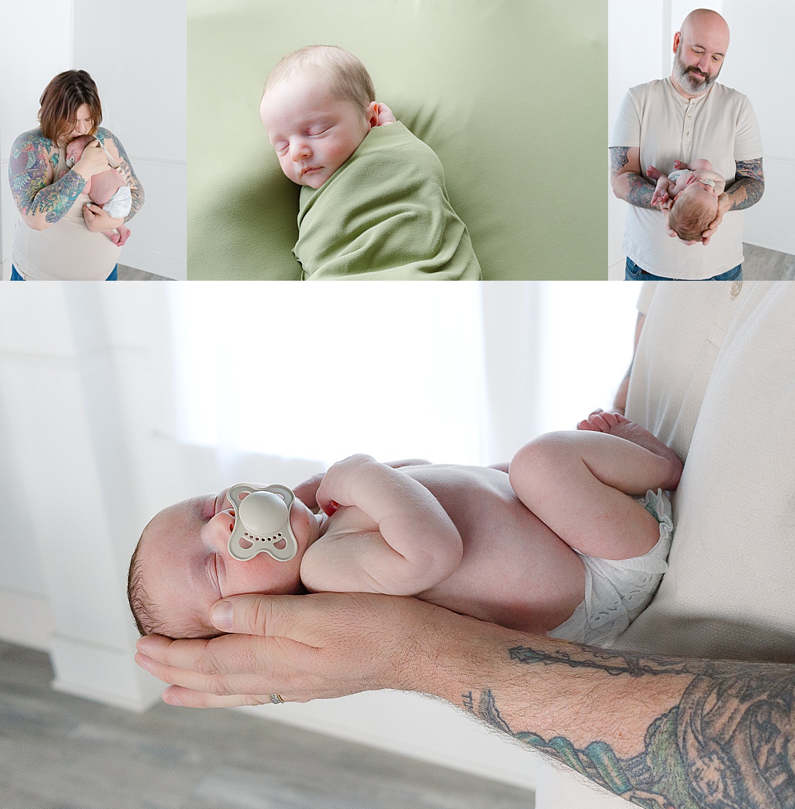 Top picture is of mom kissing baby, middle is of baby sleeping and then there is a picture of dad holding and looking at his baby boy. The bottom picture is of baby boy in dads arms. All pictures taken during an in-home newborn session that is located in Wexford, PA.