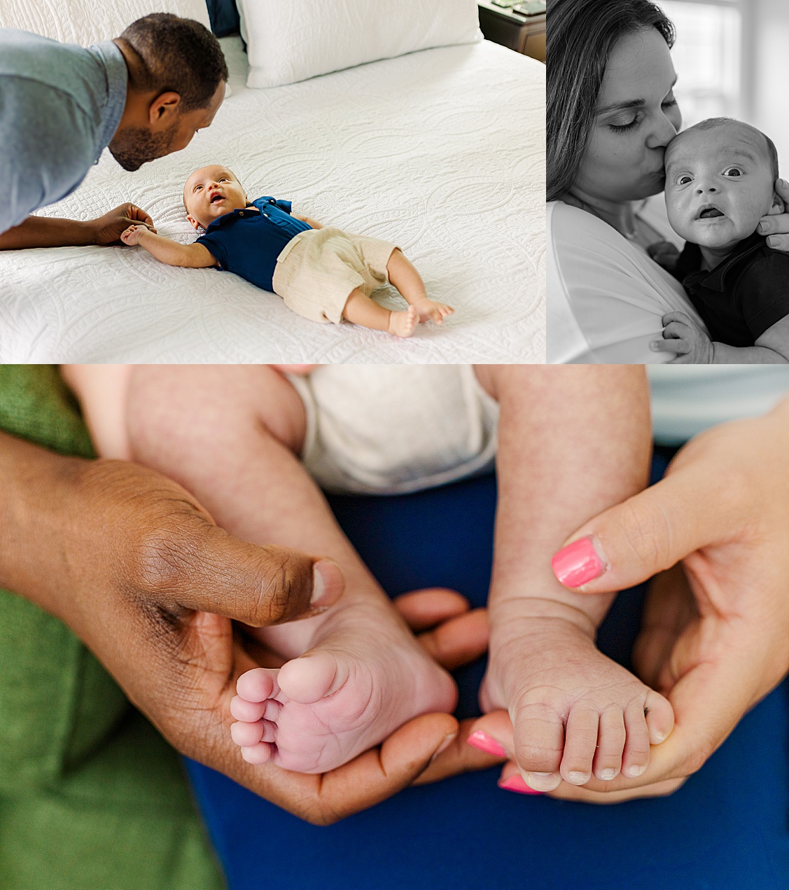 A collage from a lifestyle newborn session in Pittsburgh. A dad smiling at his baby boy. A mom kissing her son. and little tiny baby feet with mom and dads hands.