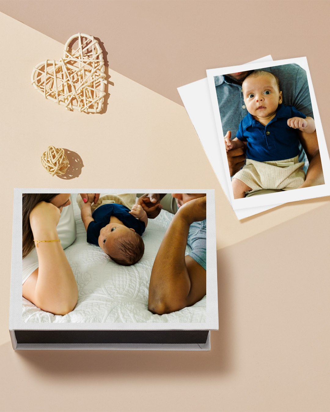 Loose leaf photo prints displayed from a maternity wexford photographer